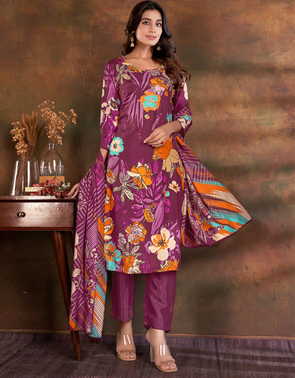 glamorous purple muslin silk trendy designer readymade suit collection with purple gadwal silk 13613-acy3778 Front View